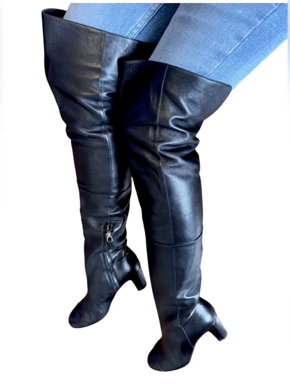 Chanel  black leather over the knee boots